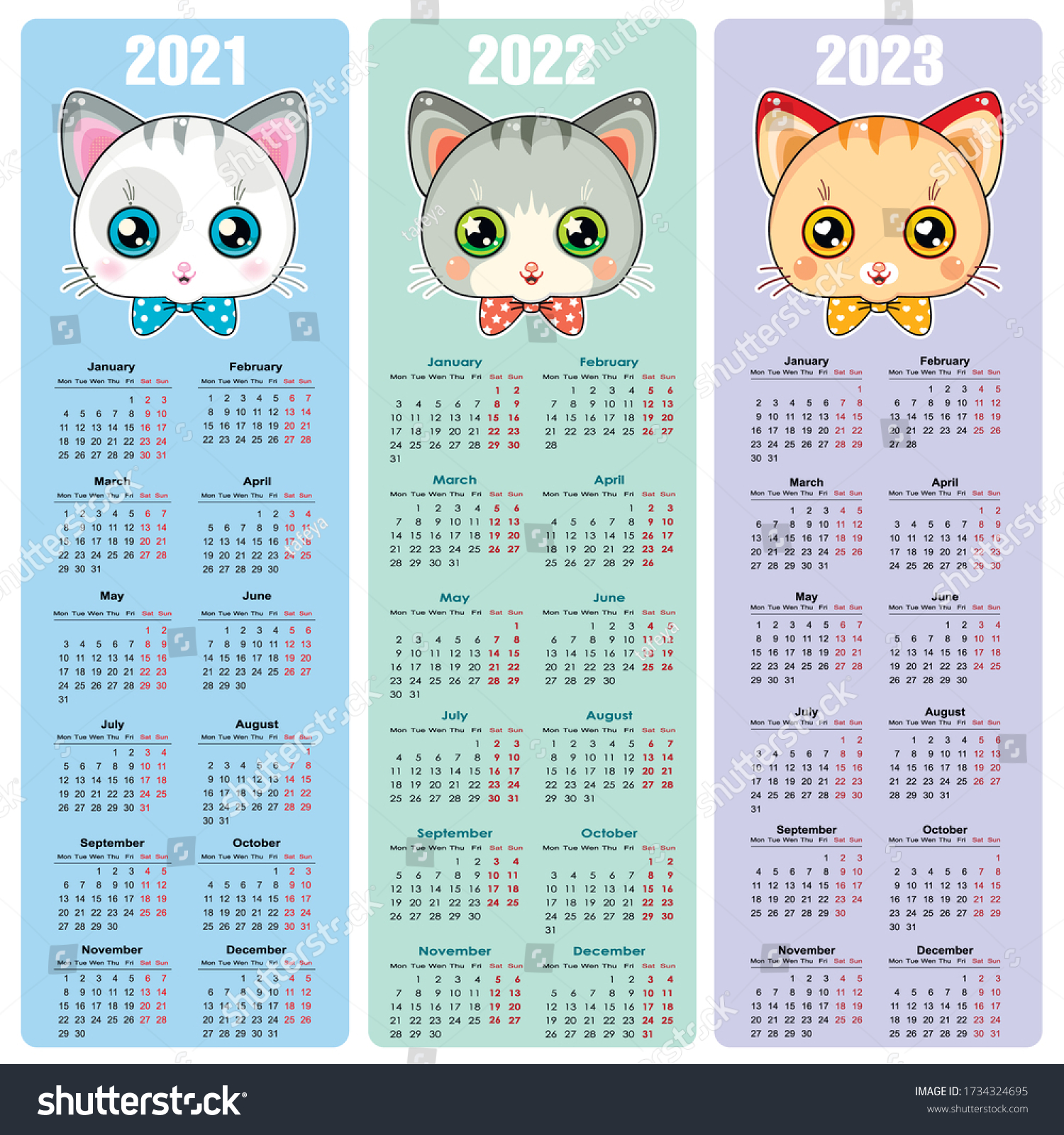 Three Calendars Cute Kawaai Kittens Head Stock Vector (Royalty Free) 1734324695