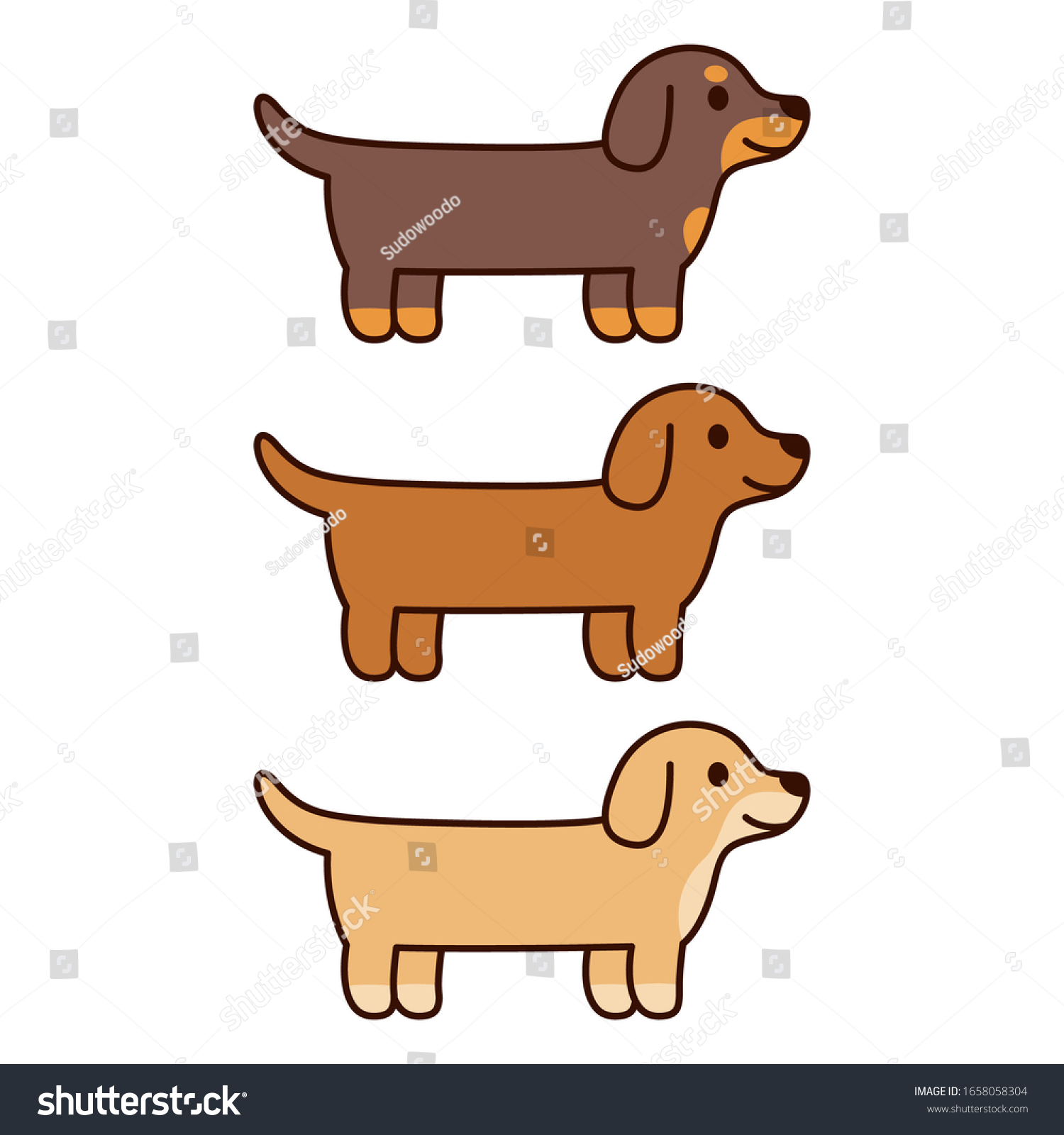 SVG of Three cartoon Dachshunds, black, brown and cream color. Cute and simple dog drawing set, vector clip art illustration. svg