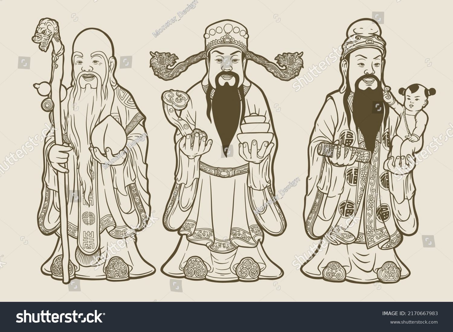 Three Chinese Lucky Gods Fu Lu Stock Vector (Royalty Free) 2170667983 ...