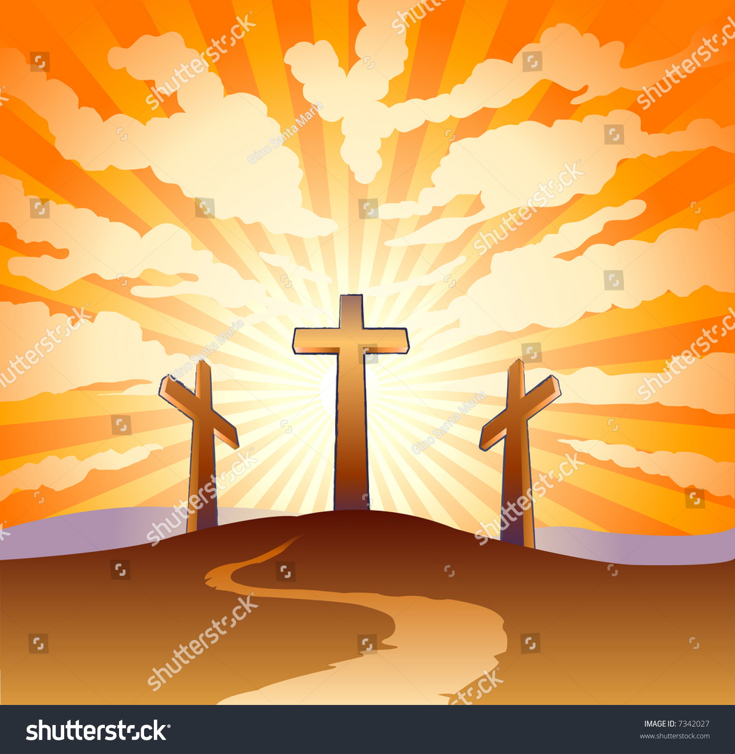 Three Crosses On A Hill With Clouds With Sunburst Background Stock ...