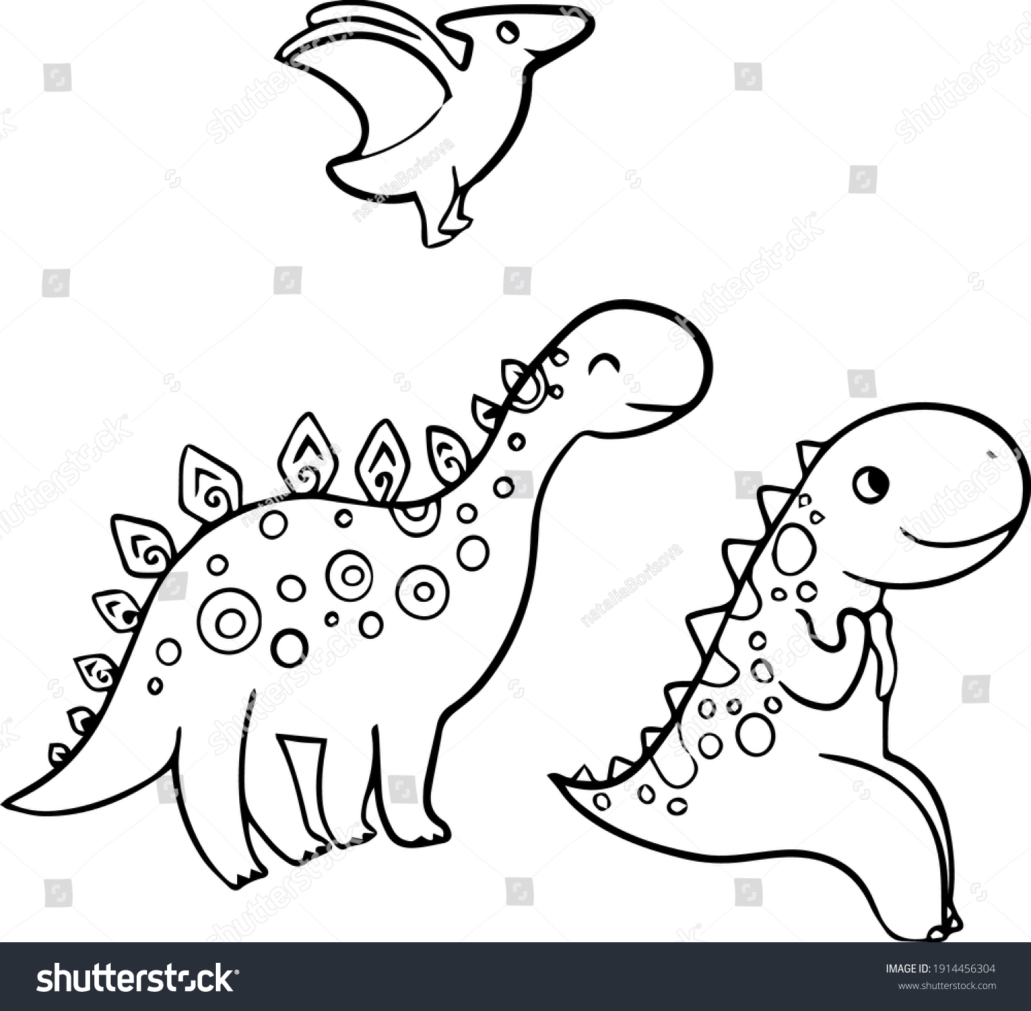 Three Cute Dinosaurs Children Adults Coloring Stock Vector (Royalty