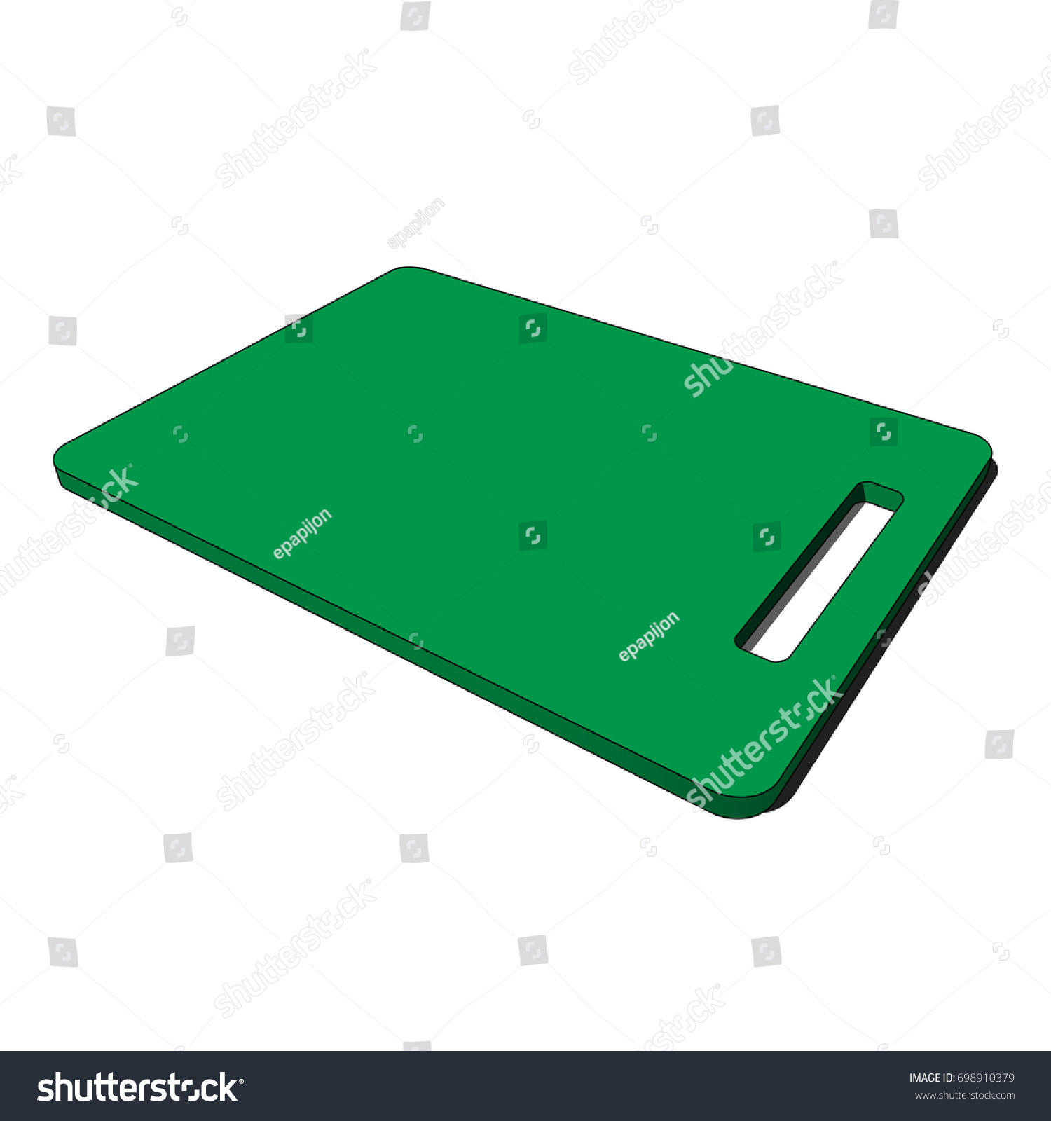 SVG of three dimensional illustration - green isolated plastic kitchen breadboard with hole and shadow in front of a white background svg