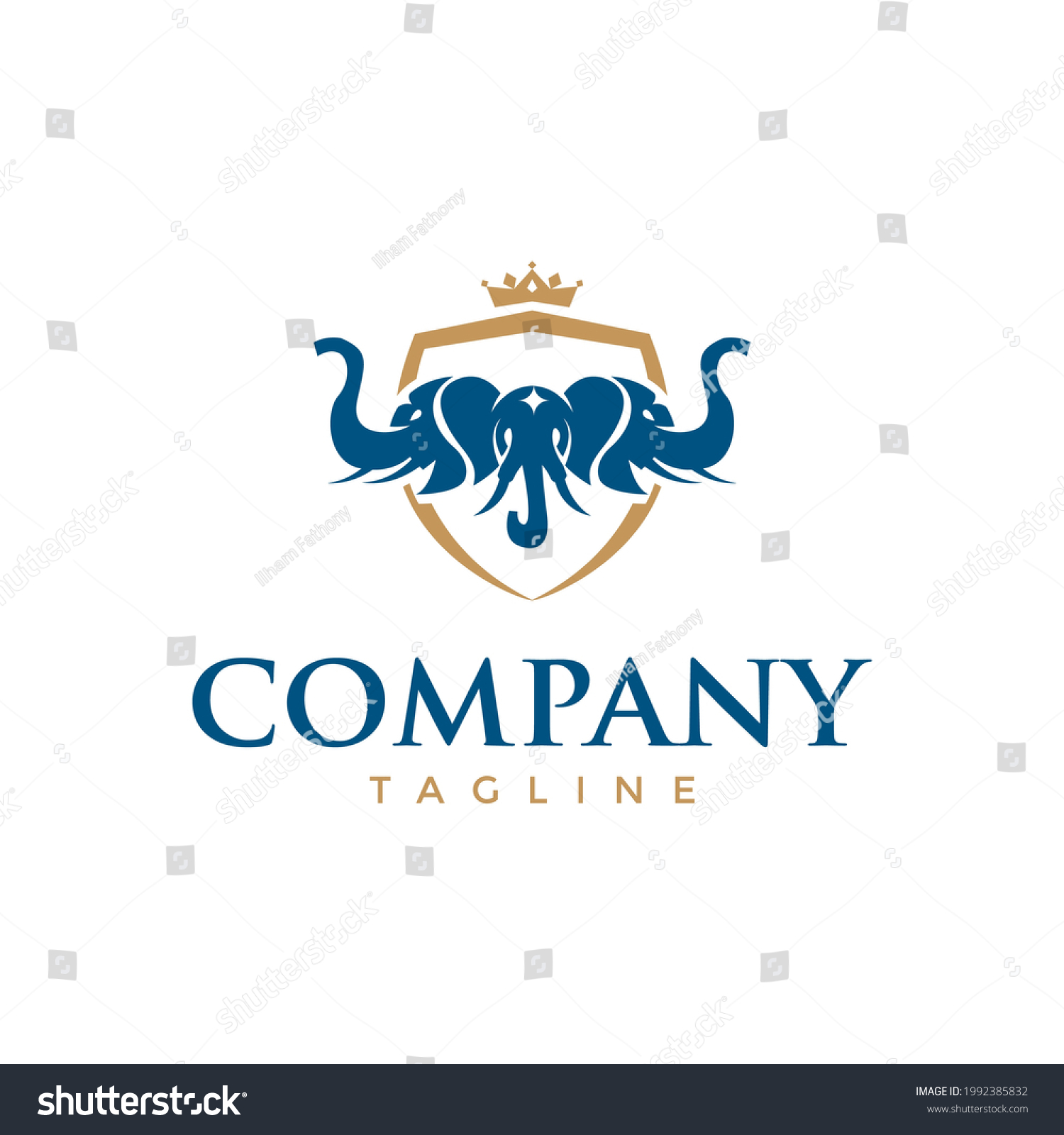 SVG of Three Elephant Head in Shield and Crown Blue Gold Color Logo Vector svg