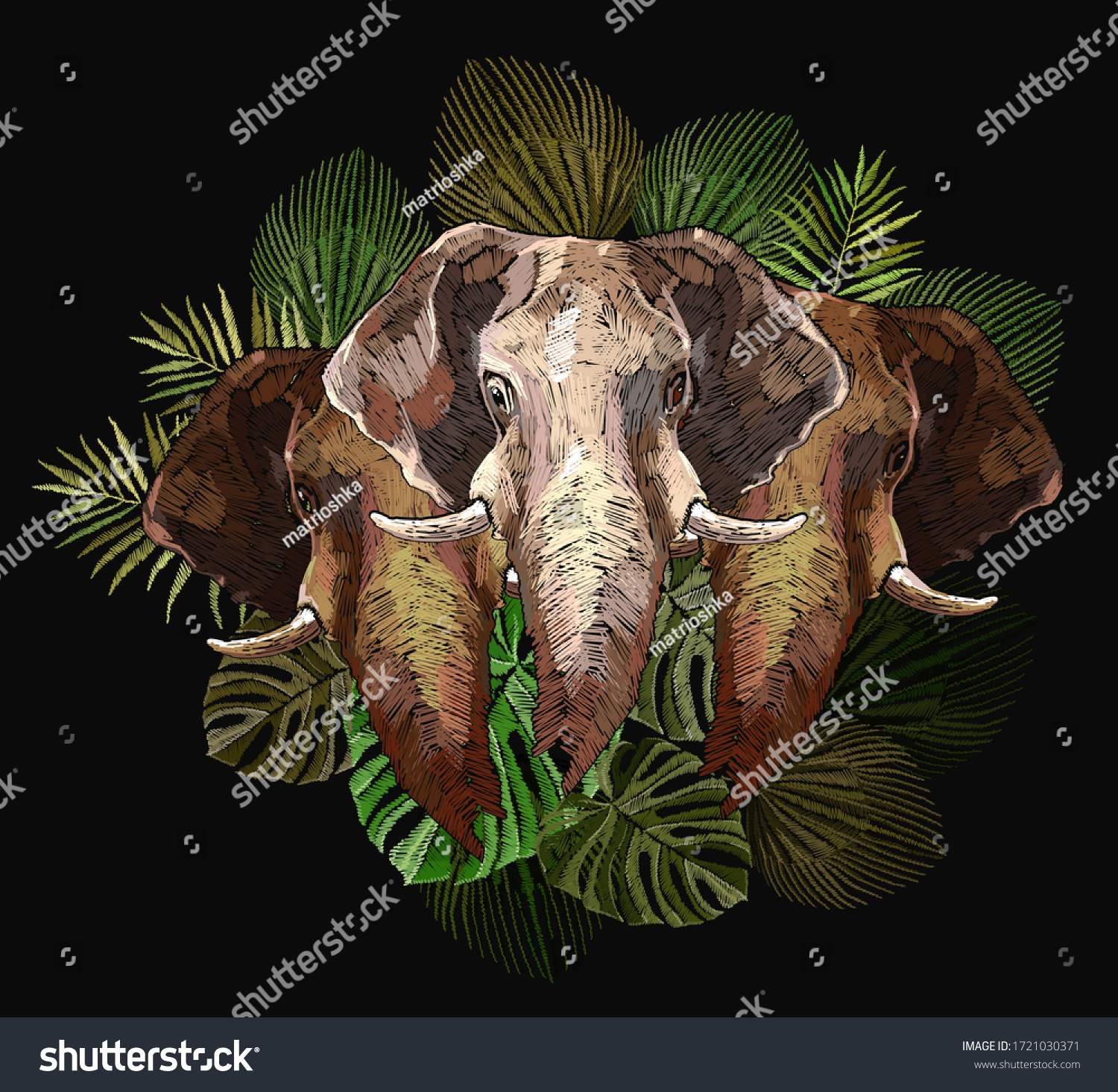 SVG of Three elephants head and palm leaves. Embroidery. Indian jungle animals. Template for clothes, textiles, t-shirt design. Wildlife art  svg