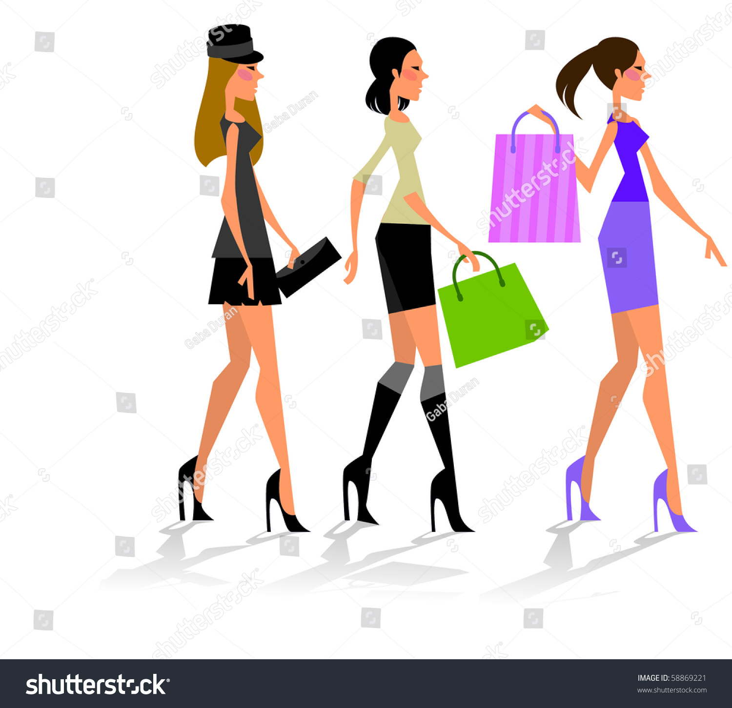 Three Fashion Girls Walking With Shopping Bags Stock Vector ...