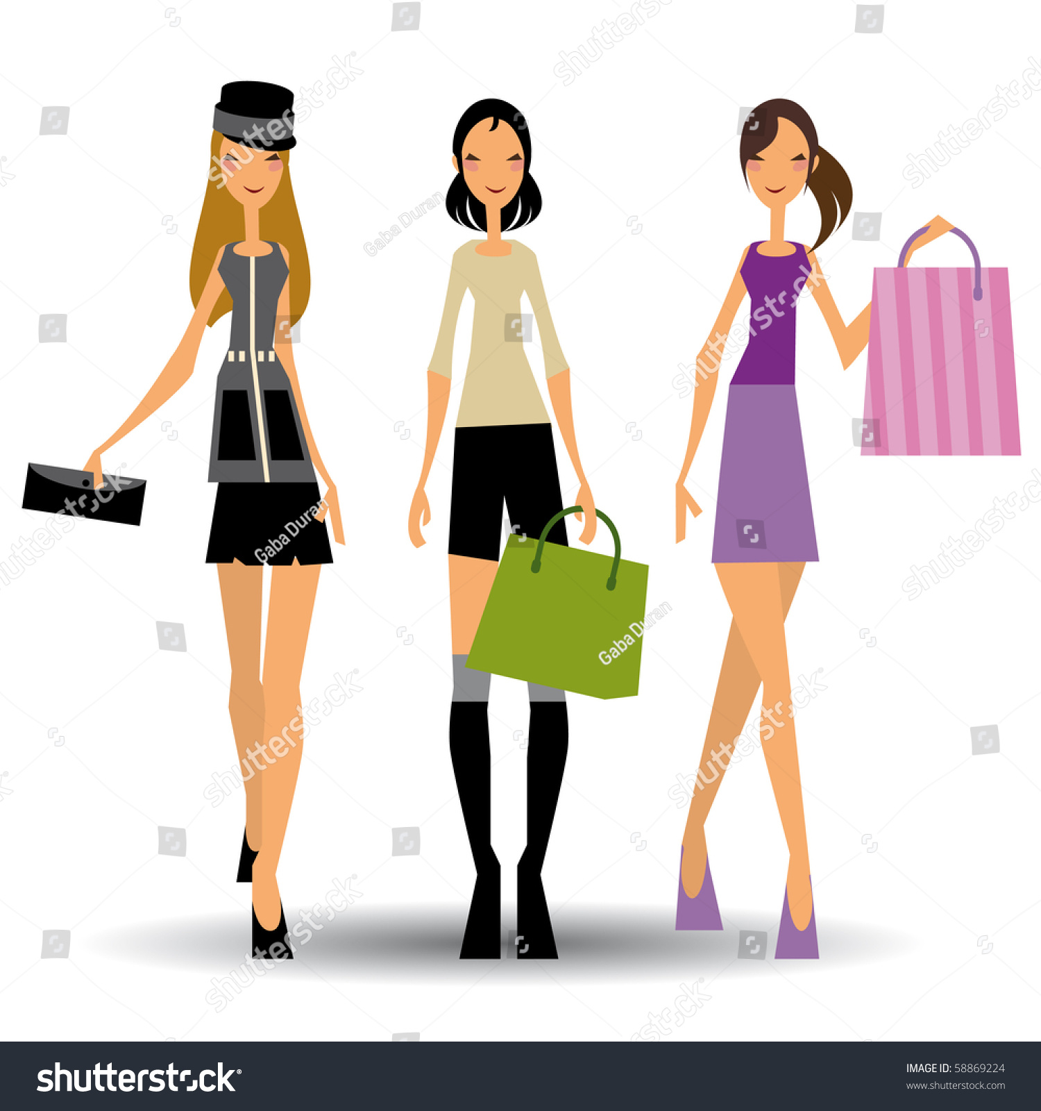 Three Fashion Girls Walking With Shopping Bags Stock Vector ...