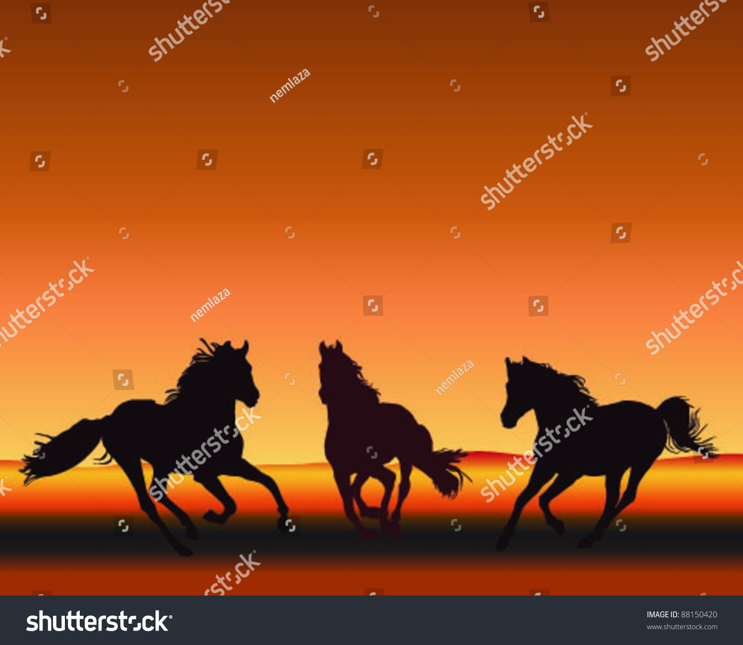 Three Horses Gallop Silhouetted On Sunset, Vector - 88150420 : Shutterstock