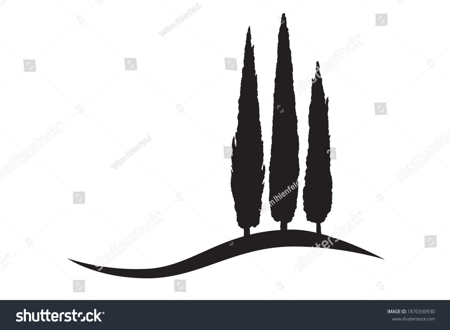 SVG of three isolated vector cypress tree icons on a hill svg