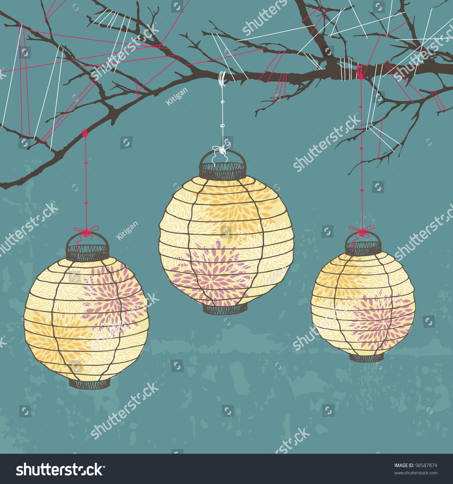 Three Paper Lanterns Hanging On Tree Branch Stock Vector Illustration ...