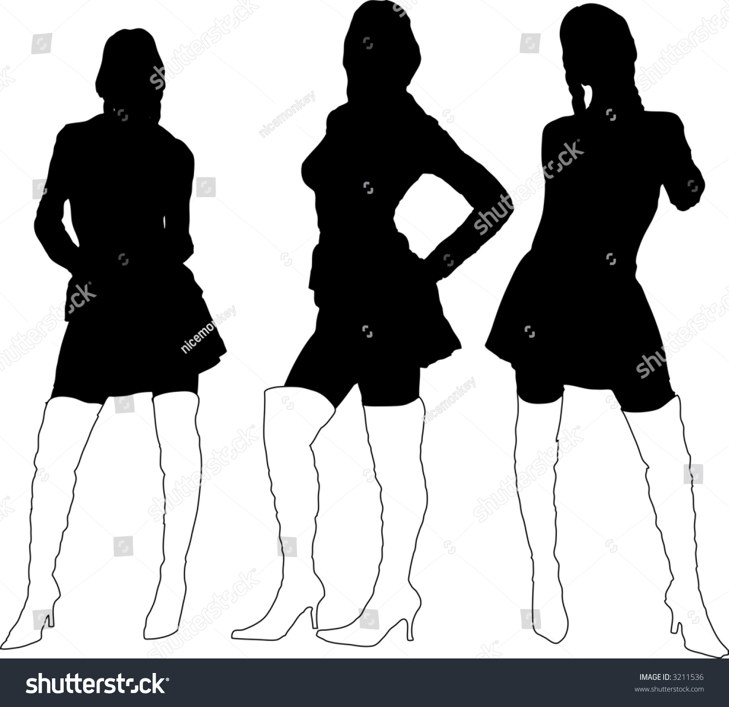 Three Sexy Young Ladies In Black Silhouette With Thigh High Boots On ...