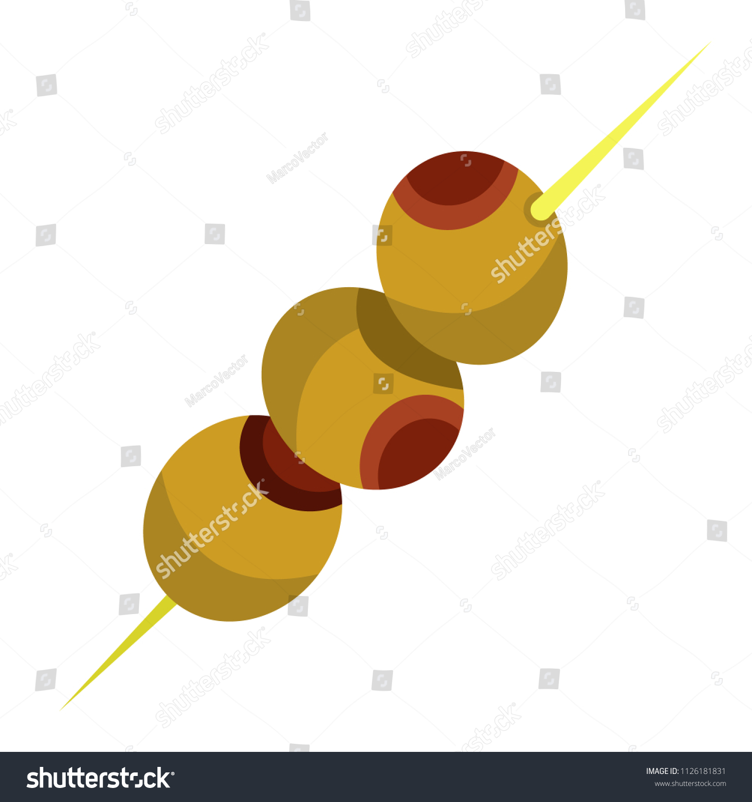 SVG of Three stuffed olives on toothpick. Olives on cocktail sticks. Modern flat cartoons style vector illustration icons. Isolated on white background. Cocktail olive for drink, alcohol, sandwich. svg