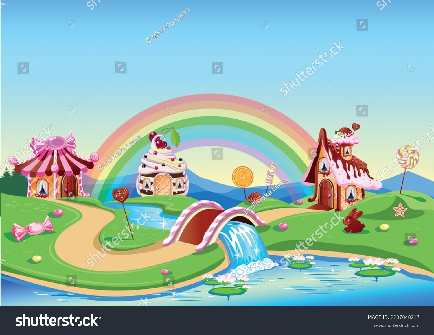 SVG of Three sweet houses with chocolate, waffles and cookies, decorated with sweets and a bridge over a river in candy country. Fairy tale background with gingerbread house in cartoon style vector svg