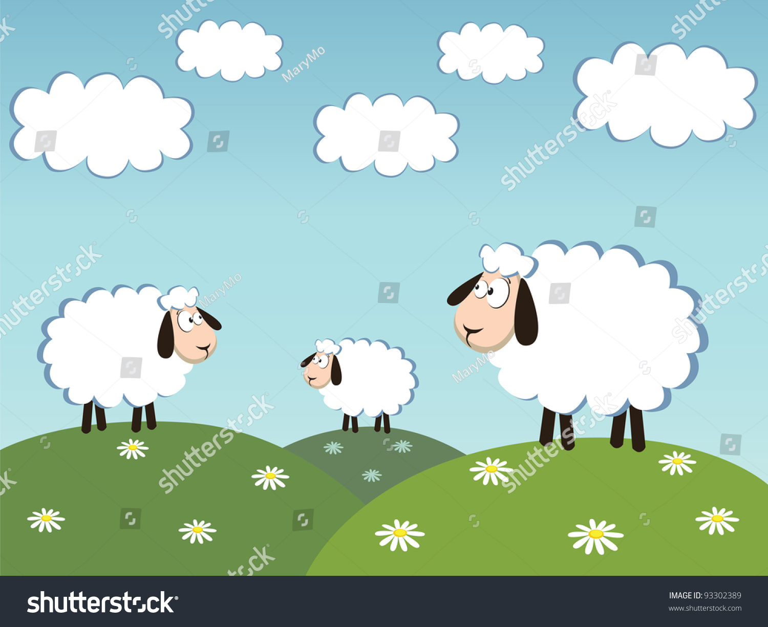 Three White Sheep And Cloud On The Sky. Vector Illustration - 93302389 ...