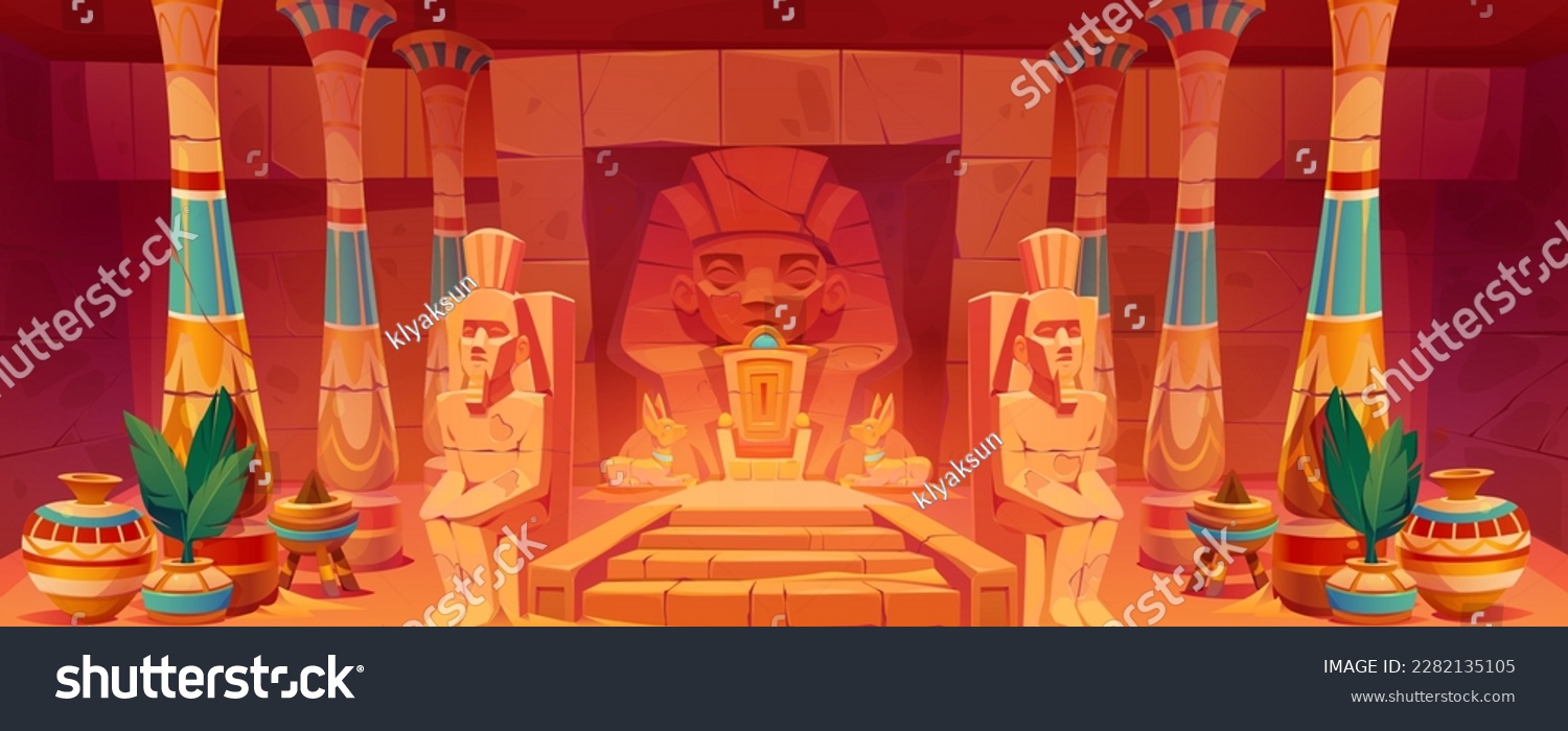 SVG of Throne room in ancient Egyptian temple. Vector cartoon illustration of antique pharaoh tomb, palace interior with hieroglyphs on stone walls, anubis and guard statues, columns, palm leaves in vases svg