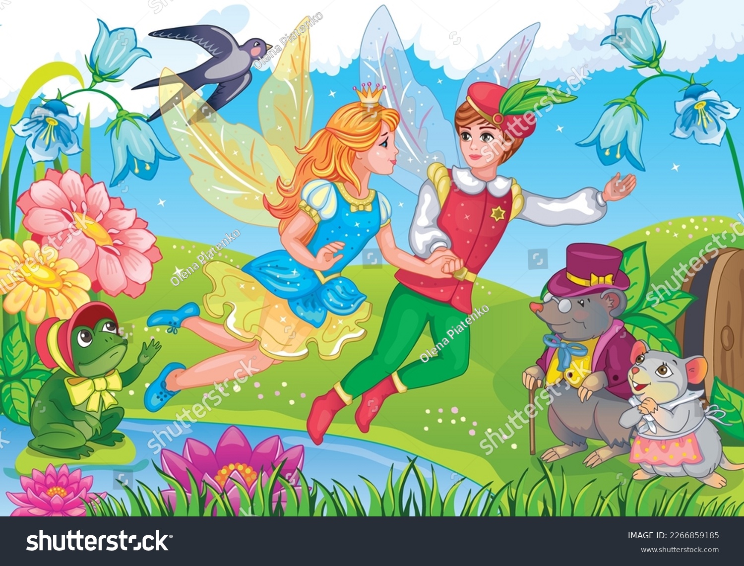 SVG of Thumbelina and little prince. Elf Princess. Fairy tale background. Flower meadow and rainbow. Fabulous landscape. Cinderella and magical animals. Children illustration for wallpapers, puzzles. Vector. svg