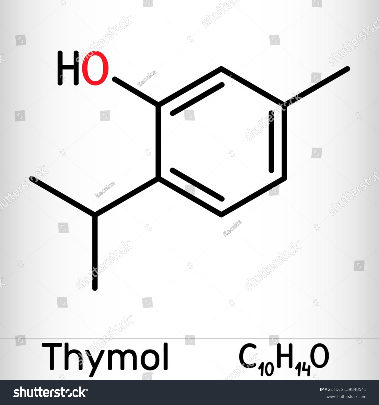 SVG of Thymol, IPMP molecule. It is phenol, natural monoterpene derivative of cymene. Obtained from thyme oil or other volatile oils. Skeletal chemical formula. Vector illustration svg