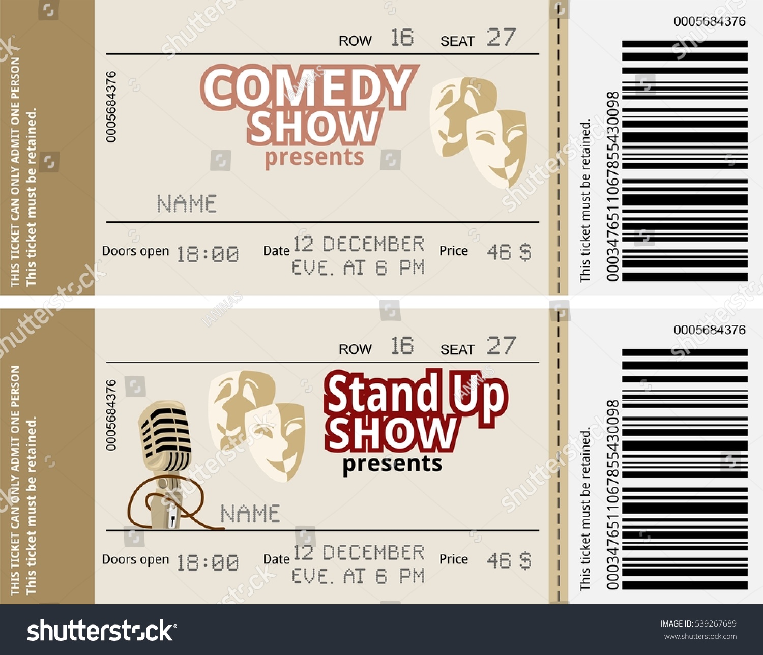 Ticket Comedy Show Fun Concert Invitation Stock Vector 539267689