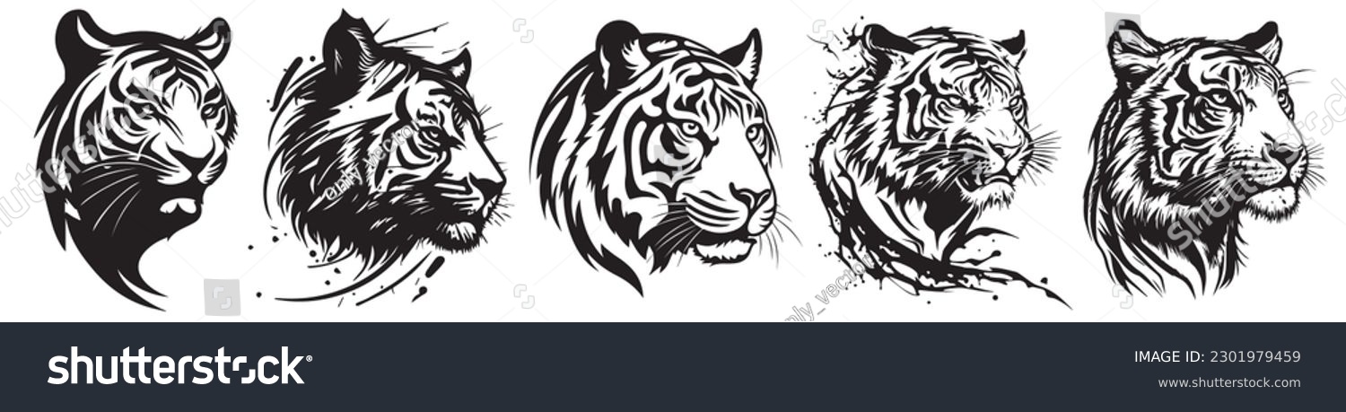 SVG of Tiger heads black and white vector. Silhouette svg shapes of tigers illustration. svg
