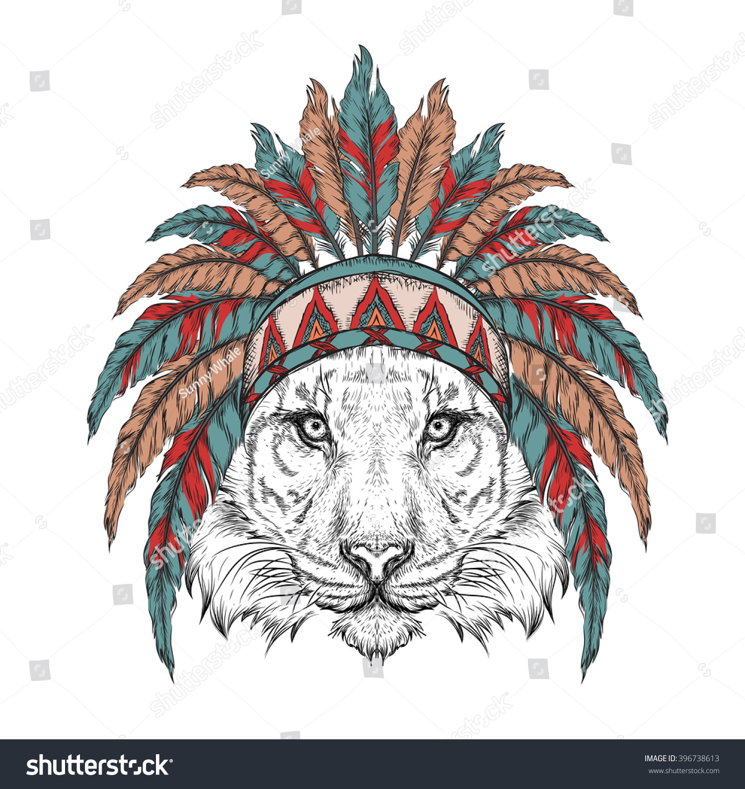 Tiger Indian Roach Indian Feather Headdress Stock Vector 396738613 ...