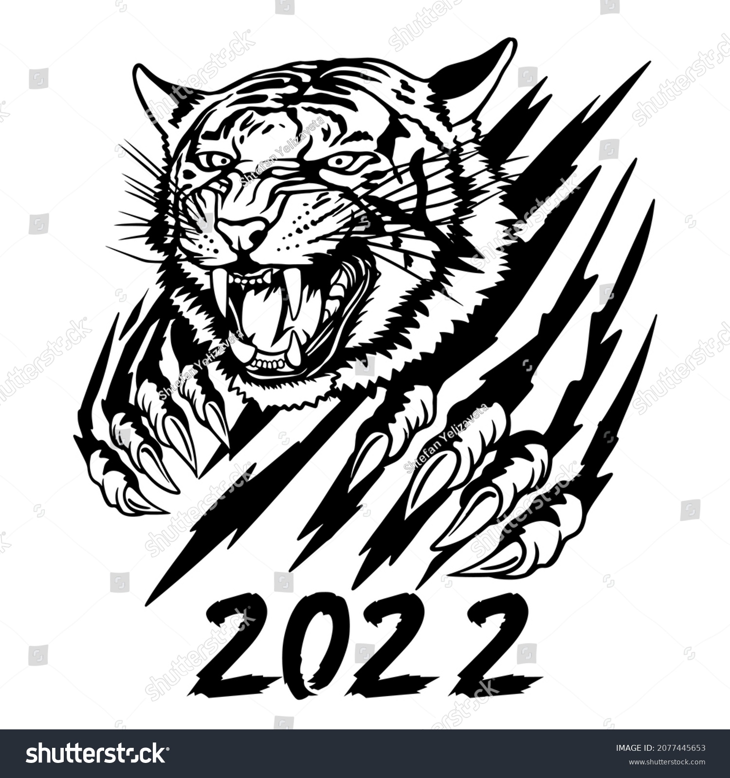 SVG of Tiger svg clipart. New Year of the Tiger 2022. Freehand drawing of a tiger. Greeting card, poster, illustration for printing on T-shirts, textiles and souvenirs. svg