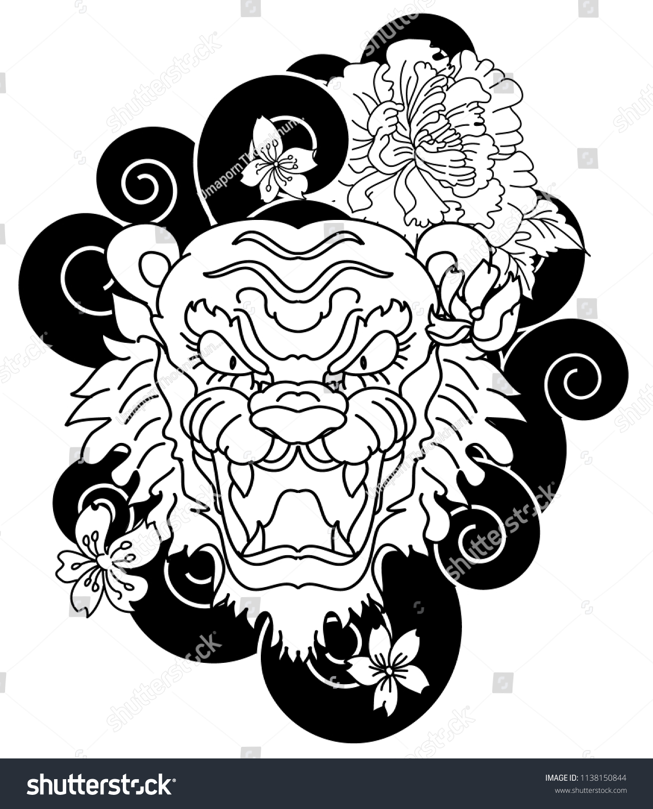 Tiger Peony Marigold Flower On Cloud Stock Vector Royalty Free