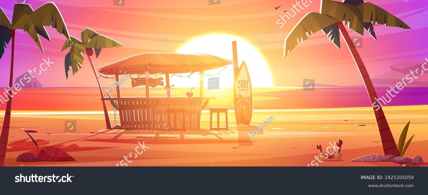 SVG of Tiki bar and surfboard on sea sand beach with palm trees on sunset. Cartoon sunrise summer ocean shore landscape with bamboo bungalow with thatch roof. Hawaiian cafe with cocktails and fruit drinks. svg