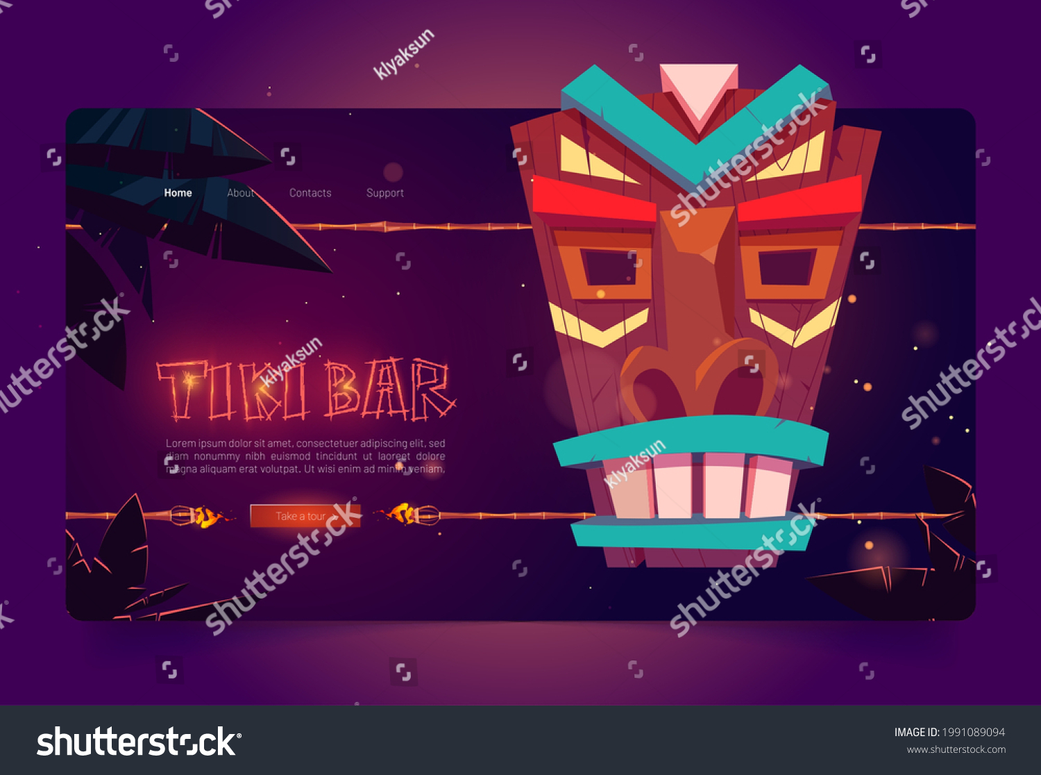 SVG of Tiki bar website with wooden tribal mask and burning torches on bamboo stick. Vector landing page of hawaiian beach cafe with cartoon illustration of polynesian totem and palm trees at night svg