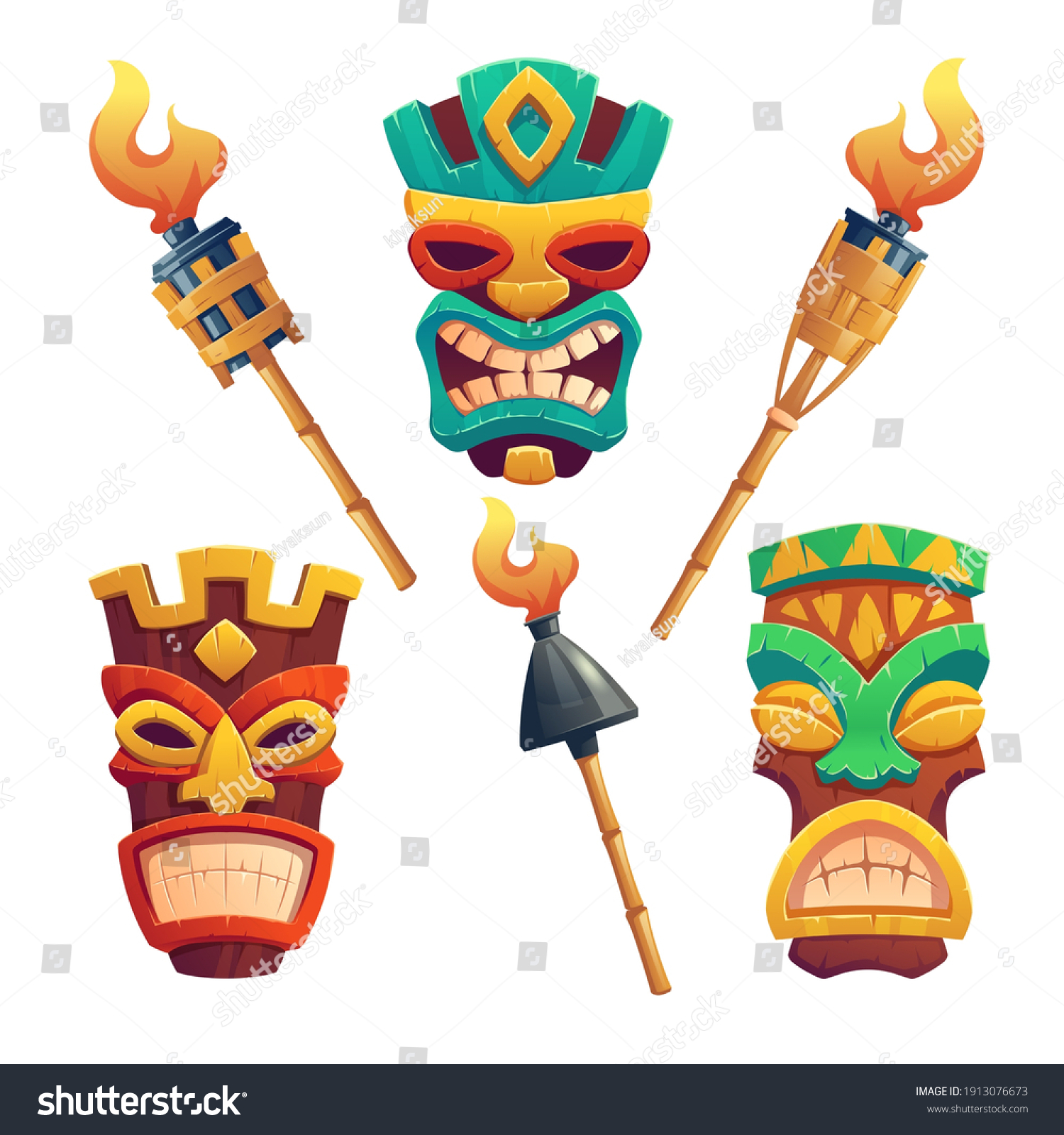 SVG of Tiki masks, hawaiian tribal totem and burning torches on bamboo stick. Vector cartoon set of polynesian traditional statues, ancient wooden god faces isolated on white background svg