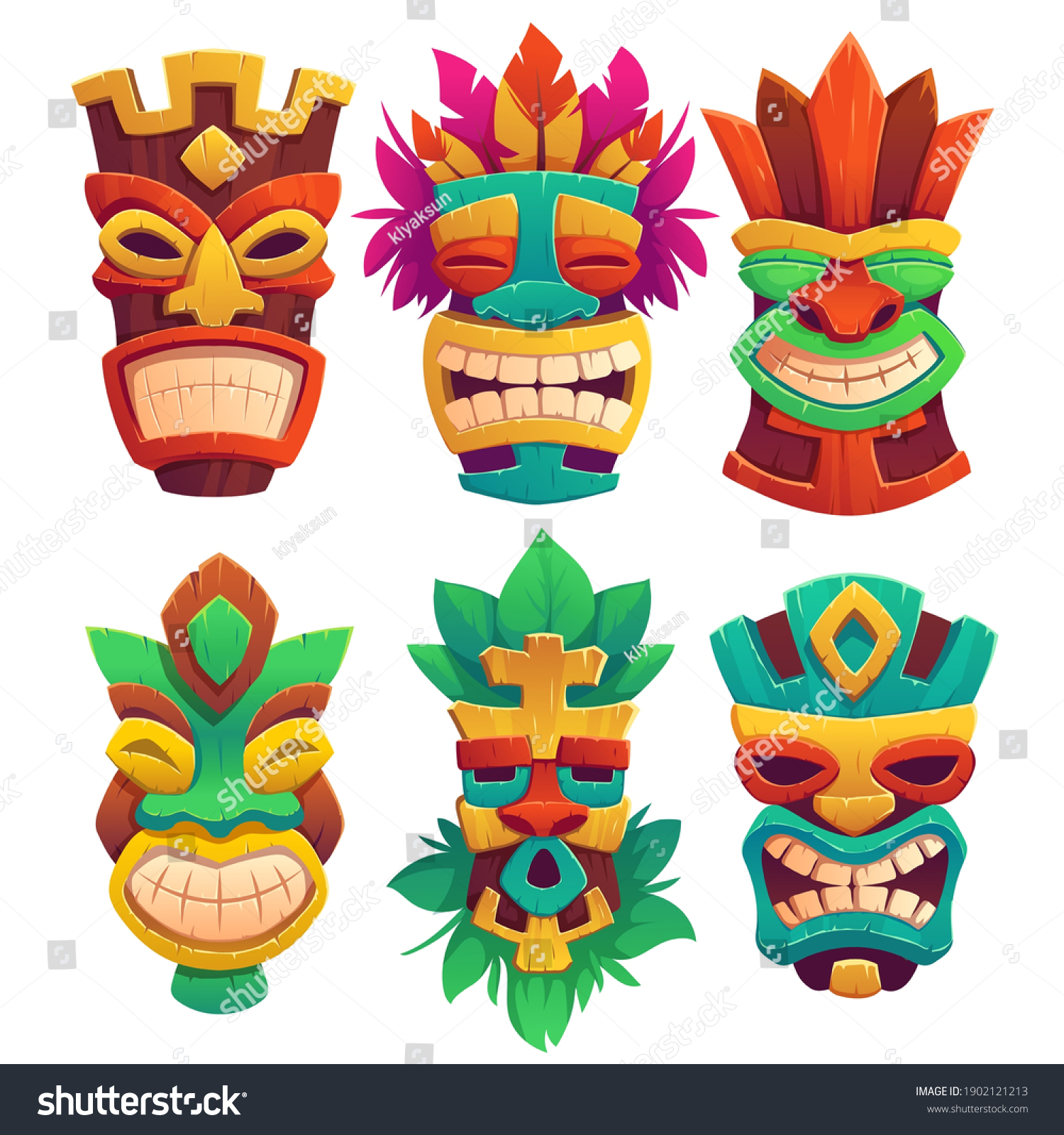 SVG of Tiki masks, tribal wooden totems, hawaiian or polynesian style attributes, scary faces with toothy mouth, decorated with leaves isolated on white background. Cartoon vector illustration, icons set svg