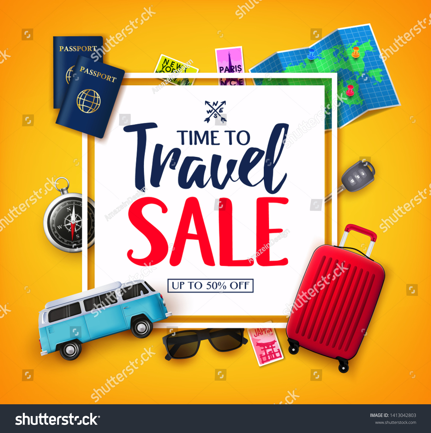 SVG of Time To Travel Ads Banner Up To 50% Off  in White Space for Text with Vector 3D Realistic Traveling Item Elements in Yellow Background. For Promotional Purposes svg
