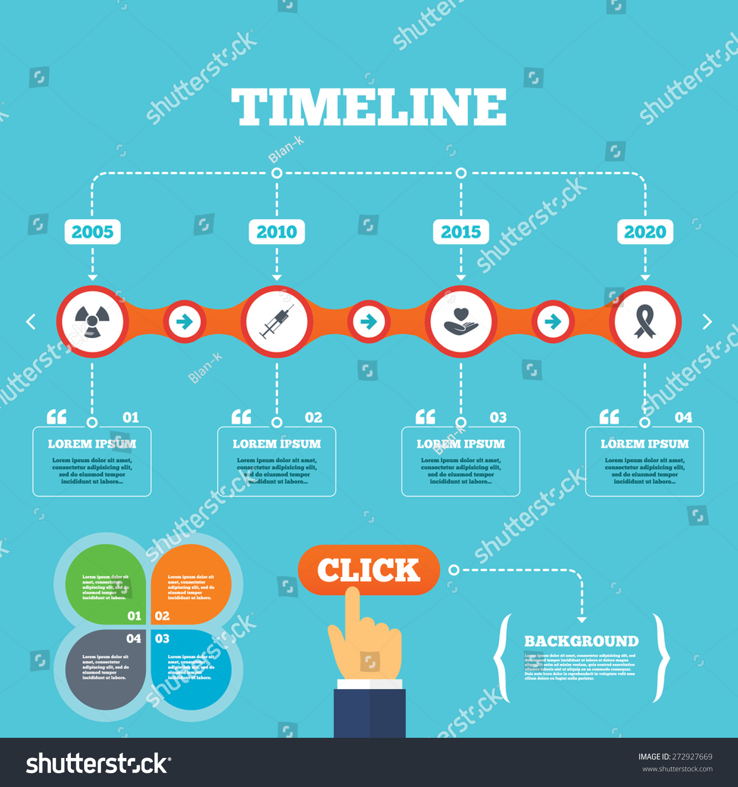 Timeline with arrows and quotes Medicine icons Syringe life insurance radiation and