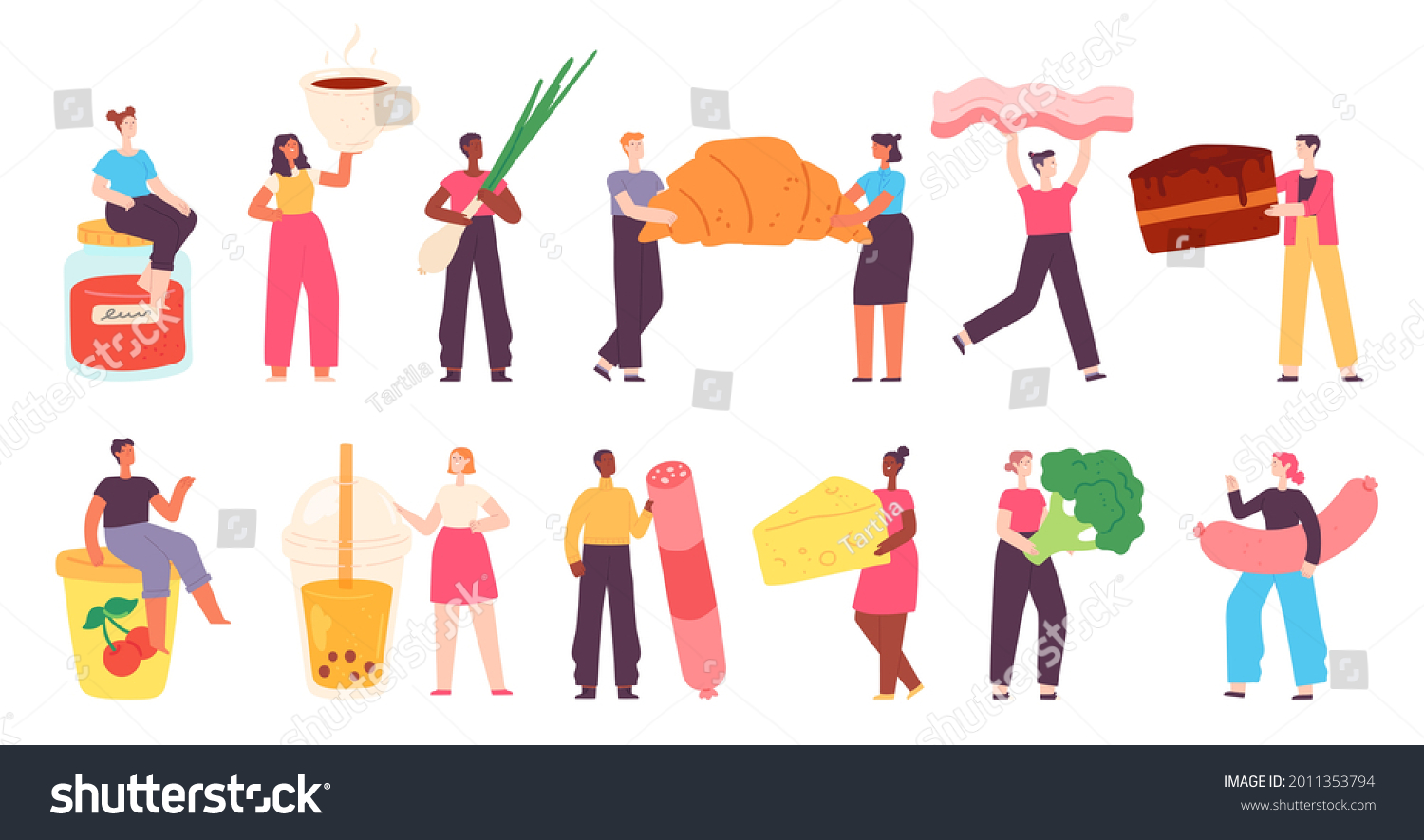 SVG of Tiny characters with food. People with grocery shop products, vegetables, sausages, tea, cake, yogurt and cheese. Cooking meal vector set. Illustration character with food, vegetable, cake and coffee svg