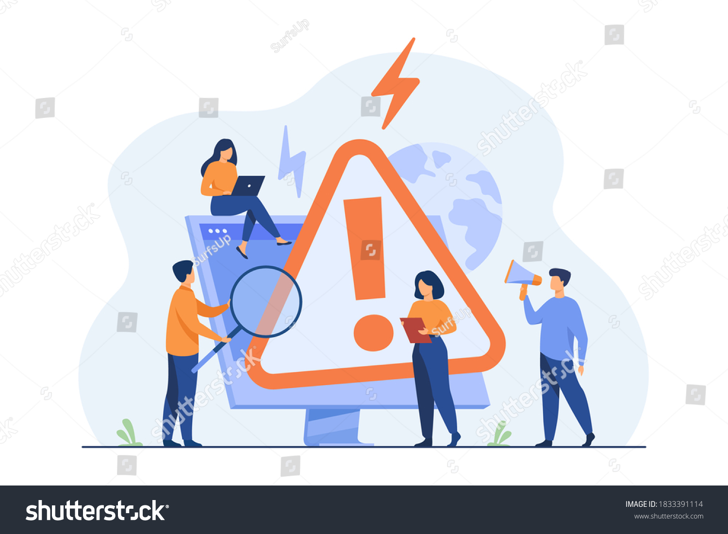 ウェブページに表示されるオペレーティングシステムエラーの警告を調べている小さな人々。 ウェブサイト上の漫画のミスと警告。 コンピューター診断とデジタル技術のコンセプト