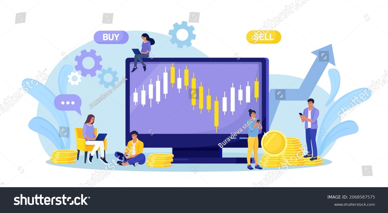 SVG of Tiny people stock traders buy and sell shares at computer. Technical analysis candlestick chart. Global stock market index, trade exchange. Forex trading strategy. Investing in Stocks svg