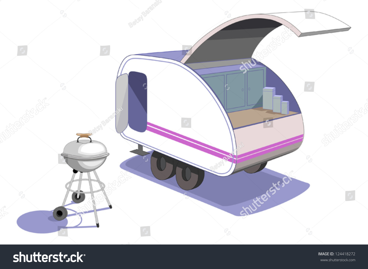 SVG of Tiny teardrop trailer- Parked and ready to cook supper, haul behind your car -a fun way to go camping. Vector with no gradients or 3D effects, easy to edit! svg