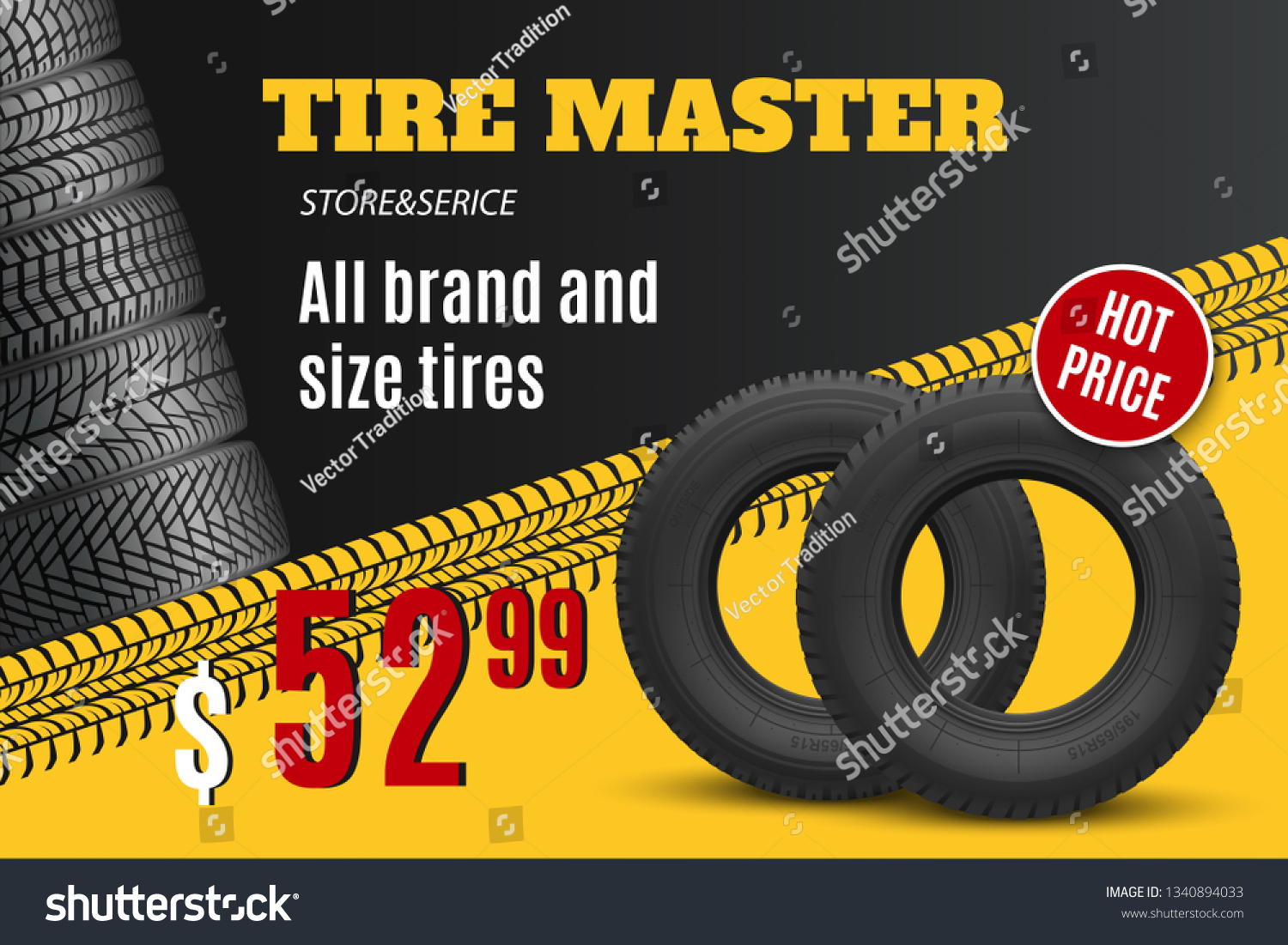 SVG of Tire shop vector banner of car wheel tyres with tread track and sale price offer. Tire shop, spare parts and auto service discount promotion design svg