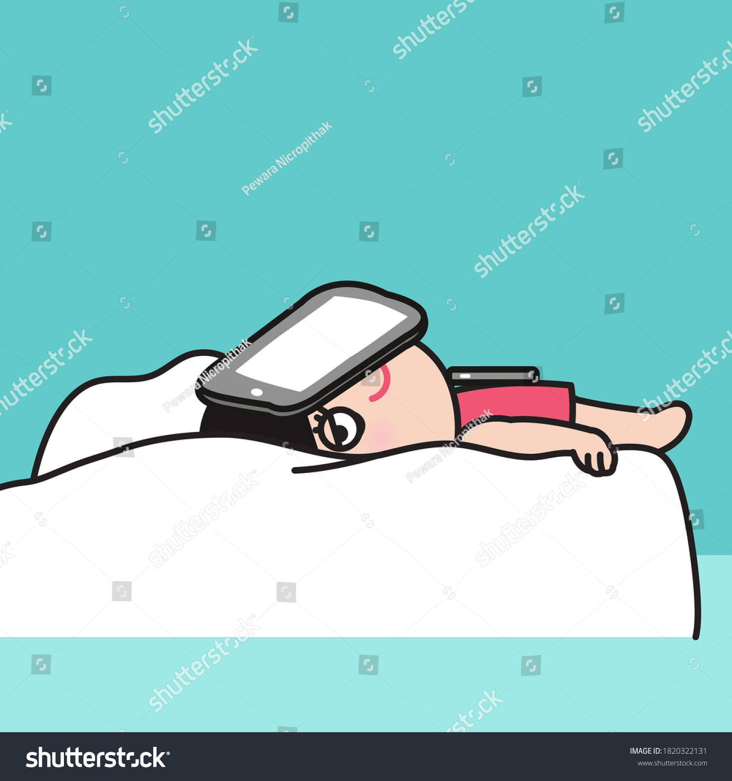 Tired Girl Lying On Bed Tablet Stock Vector Royalty Free Shutterstock