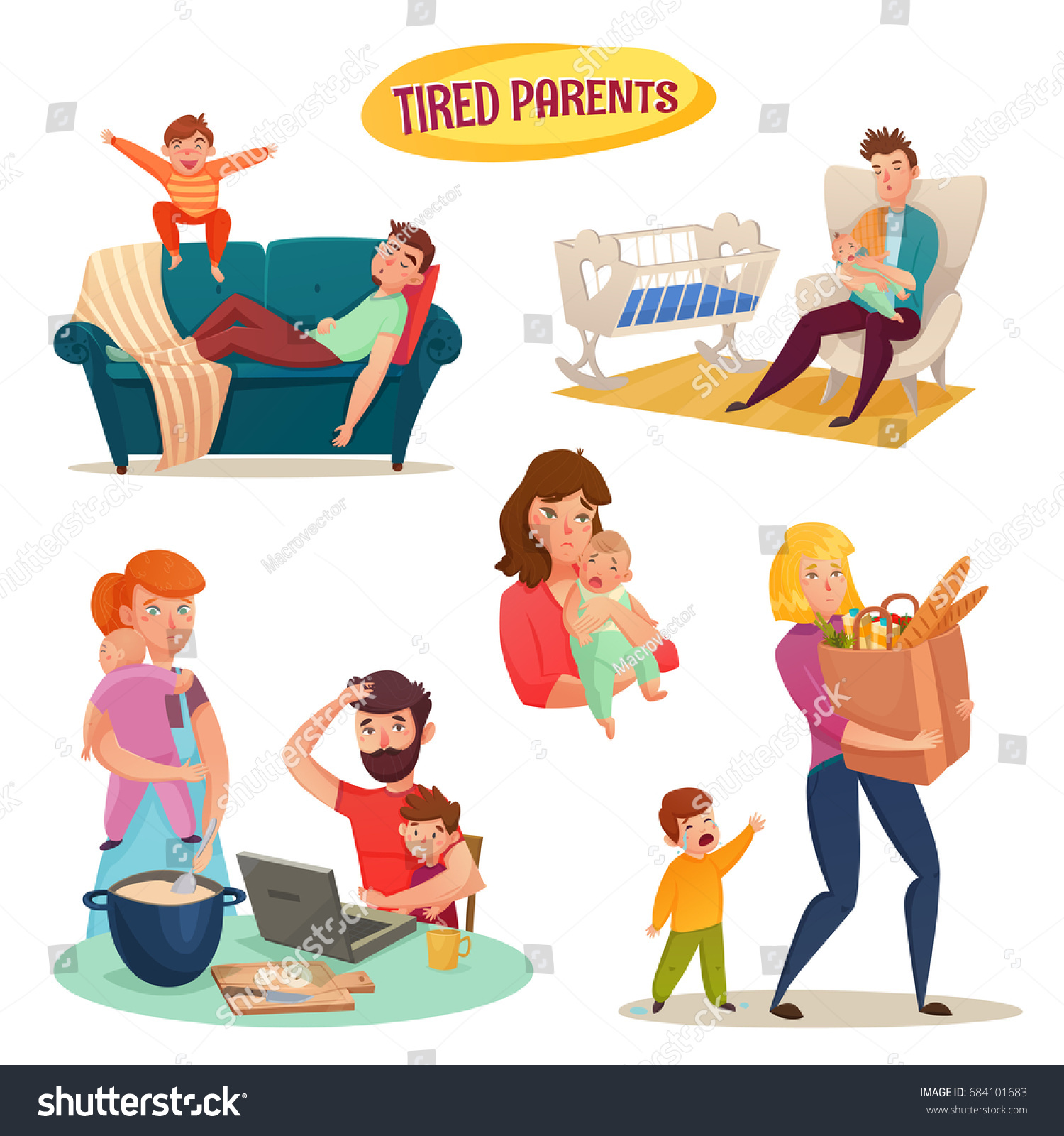 Tired Parents Isolated Decorative Elements Mother Stock Vector ...