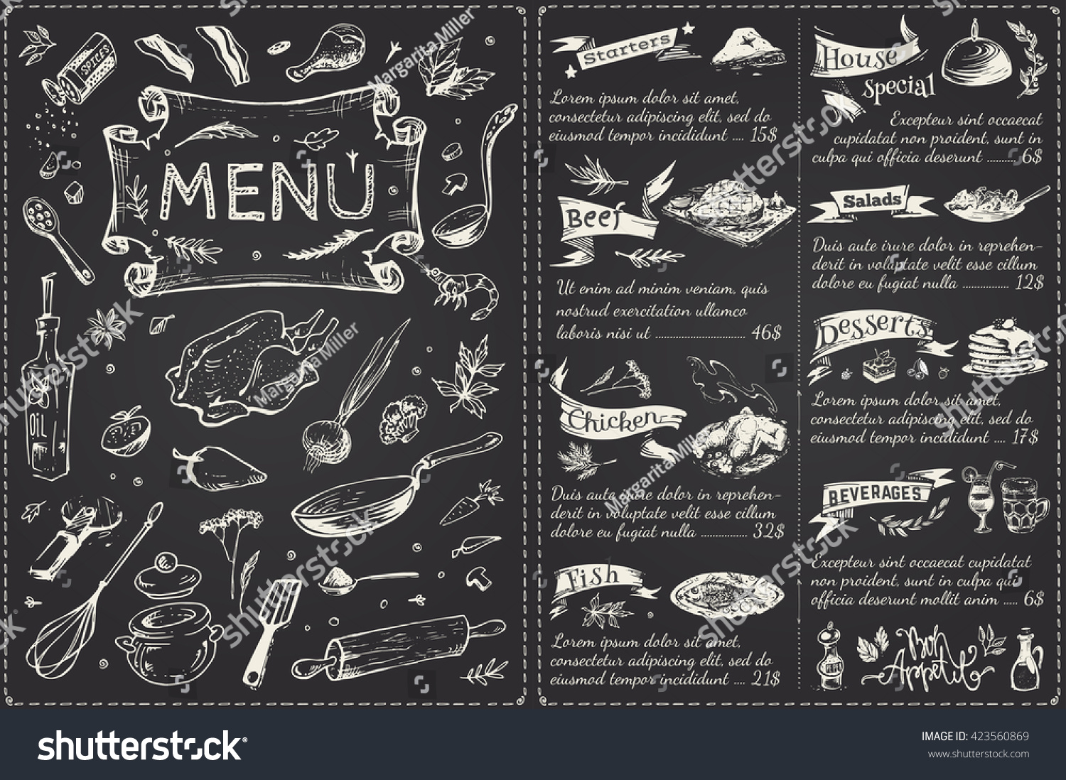  Title Page Menu List Restaurant Sketches Stock Vector 