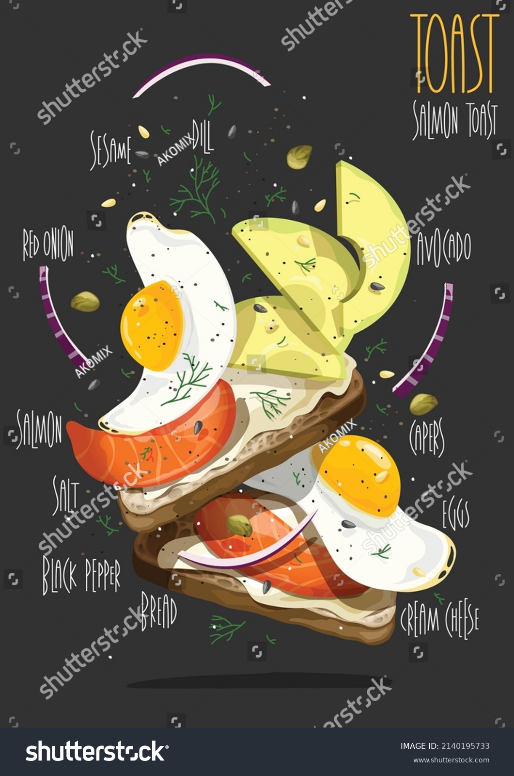 SVG of Toast with cream cheese, salmon, capers, red onion, eggs, avocado on whole grain toast bread. Vector illustration svg