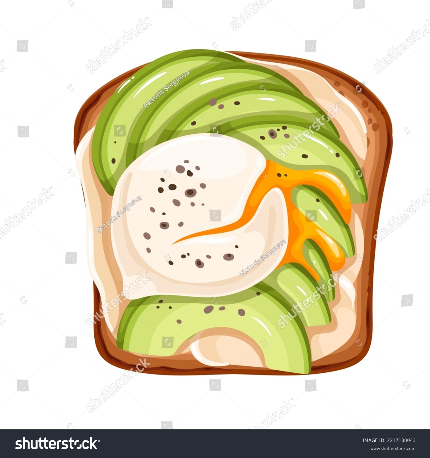 SVG of Toast with egg and avocado vector illustration. Cartoon isolated toasted whole wheat or rye bread with slices of avocado, poached egg and soft cheese, top view of sandwich for balanced breakfast svg