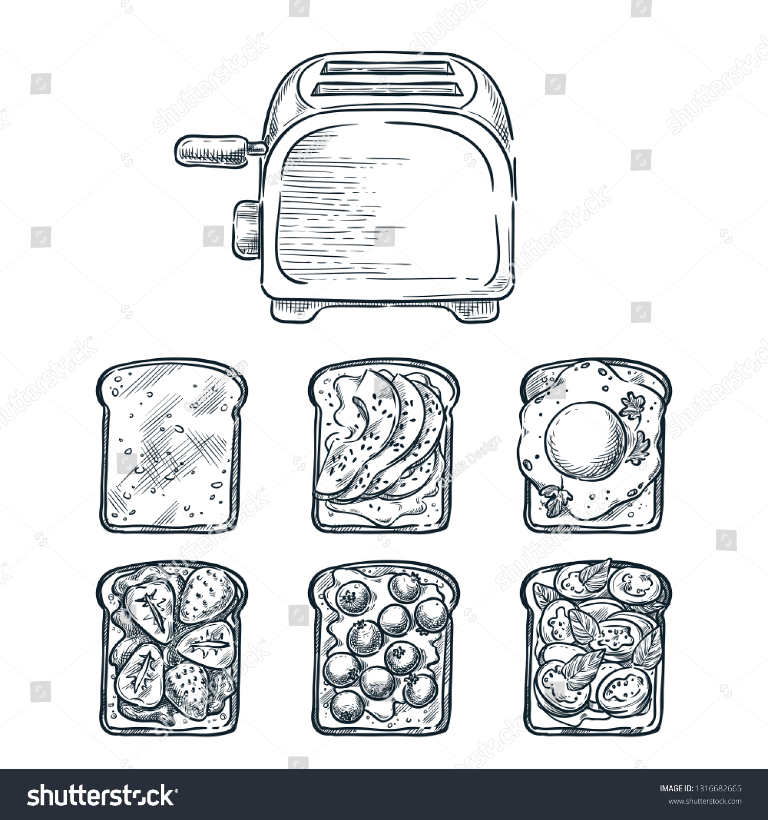 SVG of Toaster and various toppers on toasted bread. Cooking breakfast, vector sketch illustration. Recipes and ingredients for delicious toast toppings. Restaurant or cafe brunch menu design elements. svg