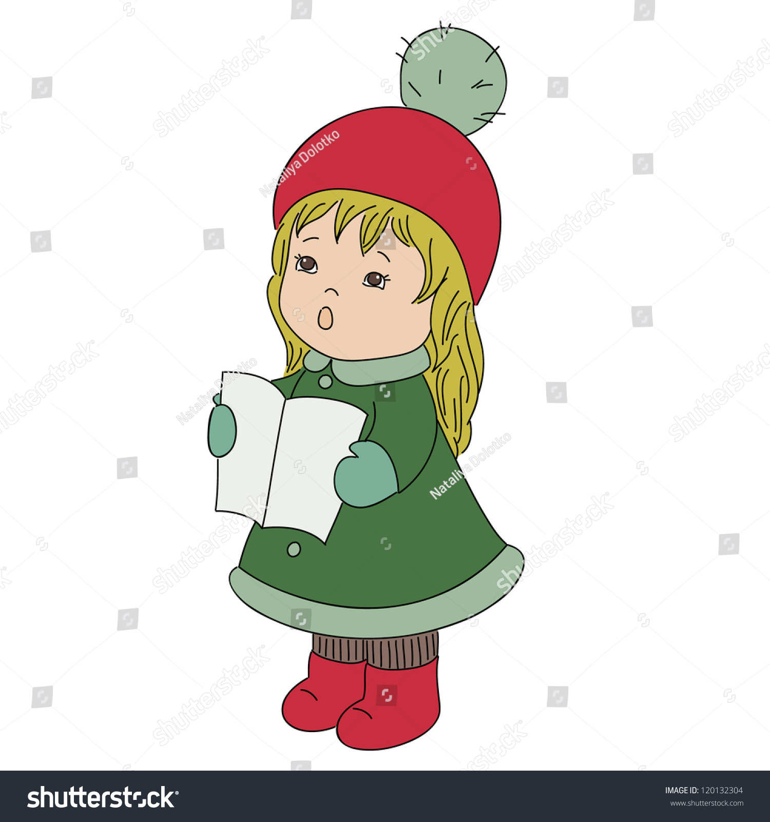 Toddler girl Christmas caroler singing alone Cartoon vector illustration
