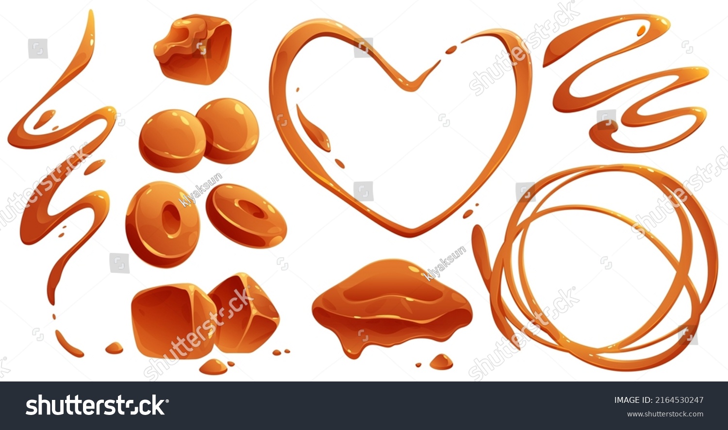 SVG of Toffee candies and liquid caramel splashes and flows. Vector cartoon set of sweet brown cream, fudge cubes, sugar or maple syrup drips and stains in shape of swirls, heart and waves svg