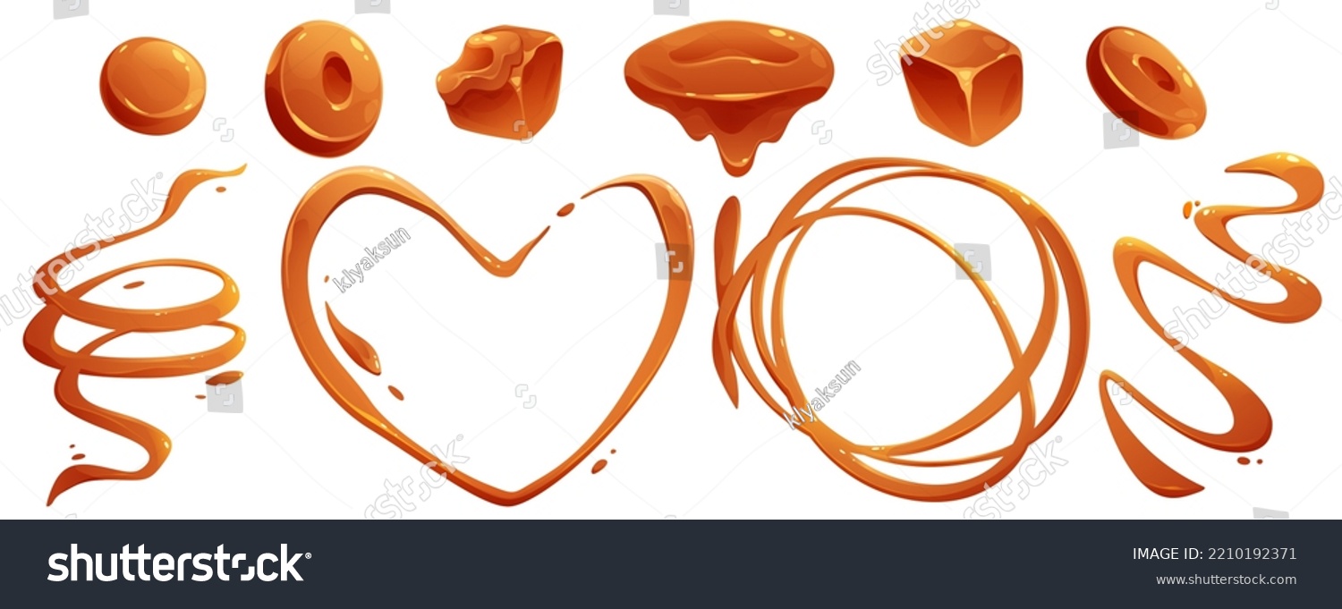 SVG of Toffee candies and liquid caramel splashes and flows. Vector cartoon set of sweet brown cream, fudge cubes, sugar or maple syrup drips and stains in shape of swirls, heart and waves svg