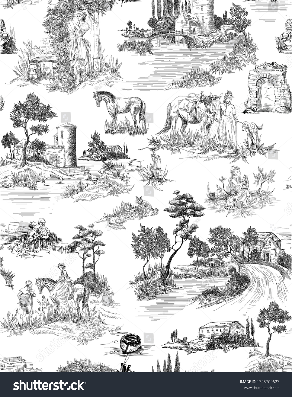 SVG of Toile de jouy pattern with countryside views with castles and houses and landscapes and walking people with animals-pets-horses, cats, dog in black and white color svg