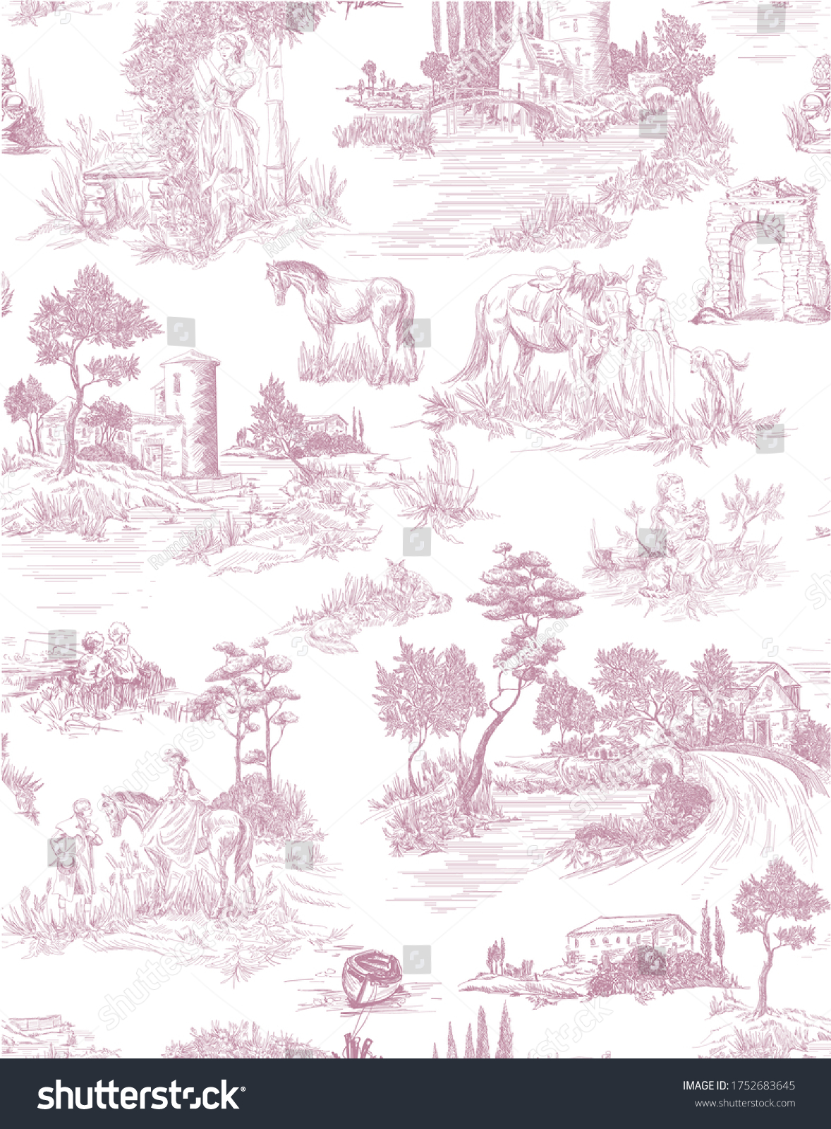 SVG of Toile de jouy pattern with countryside views with castles and houses and landscapes and walking people with animals-pets-horses, cats, dog in pink color svg