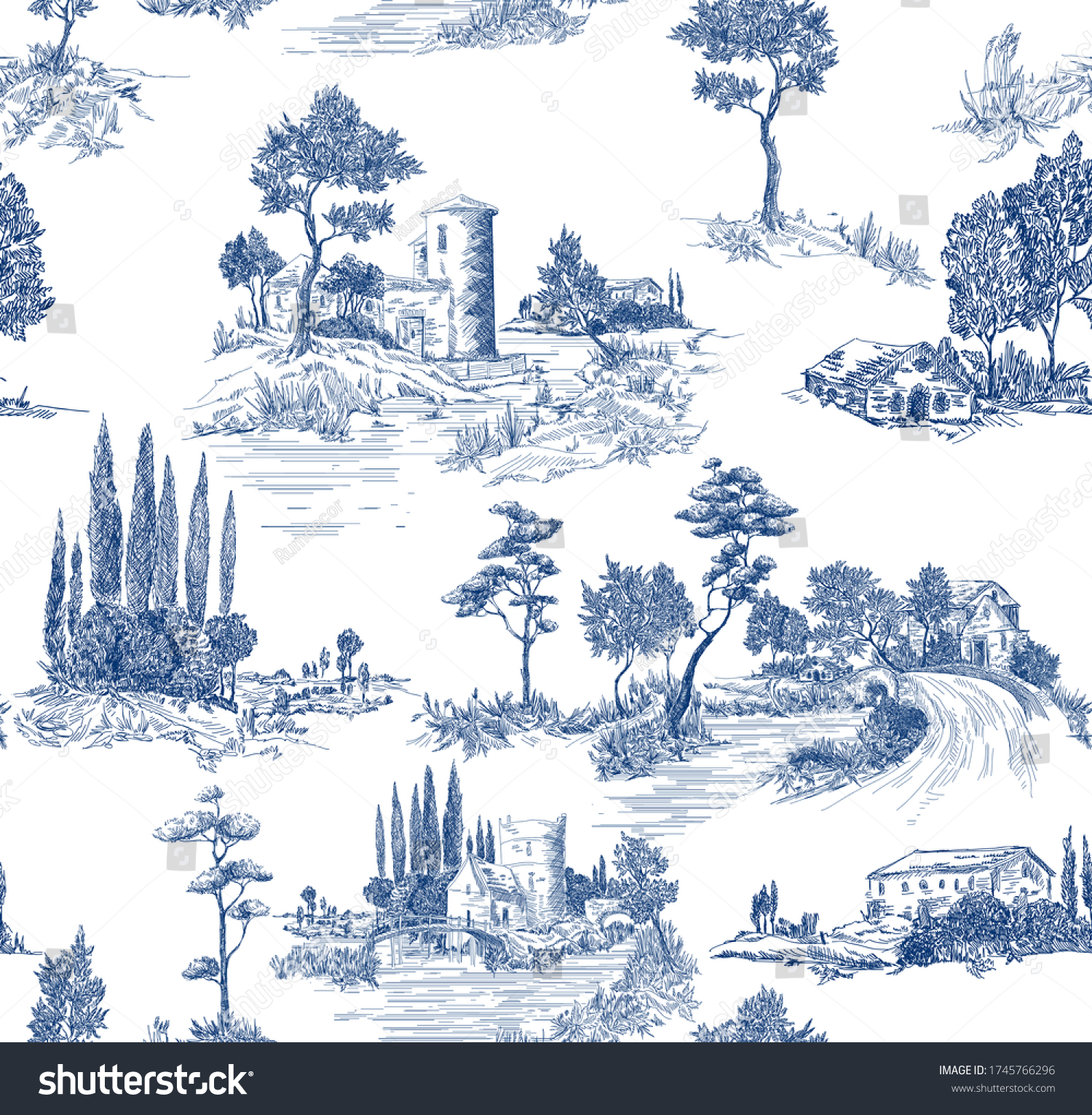 SVG of Toile de jouy pattern with countryside views with castles and houses and landscapes with trees, river and bridges with road in blue color svg