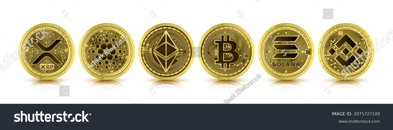 SVG of Token cryptocurrency set. Currency on future internet. Digital online technology blockchain stock market. Gold coin symbol crypto currencies Bitcoin, Ethereum, Cardano, Binance, Solana, XRP. 3D Vector svg
