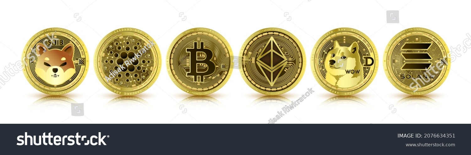 SVG of Token cryptocurrency set. Currency on future internet. Digital online technology blockchain stock market. Gold coin crypto currencies Bitcoin, Ethereum, Cardano, Dogecoin, Solana, Shiba inu. 3D Vector svg